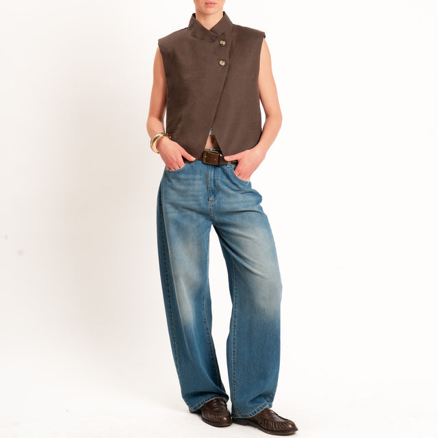 Vicolo-Gilet 100% lino chiusura asimmetrica - moro