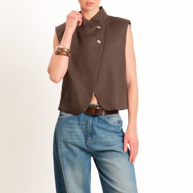 Vicolo-Gilet 100% lino chiusura asimmetrica - moro