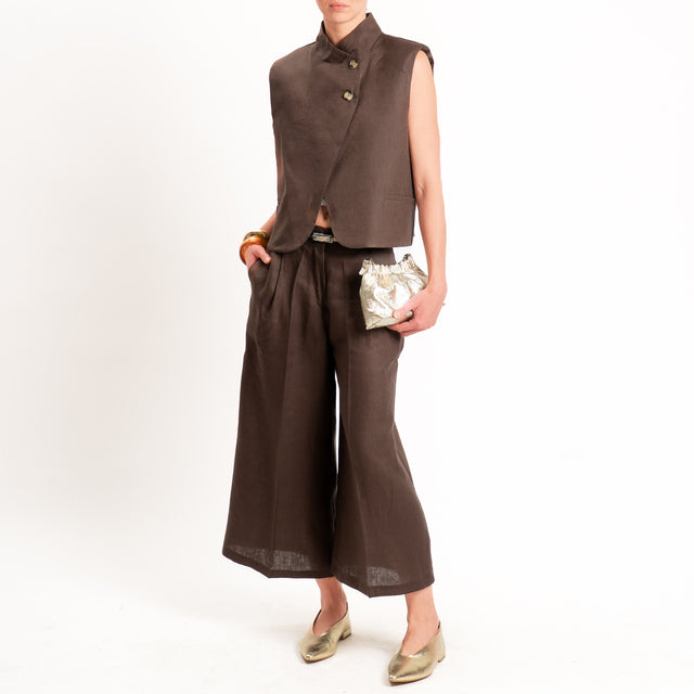 Vicolo-Pantalone cropped 100% lino con pinces - moro