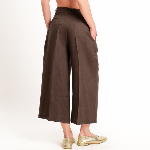 Vicolo-Pantalone cropped 100% lino con pinces - moro