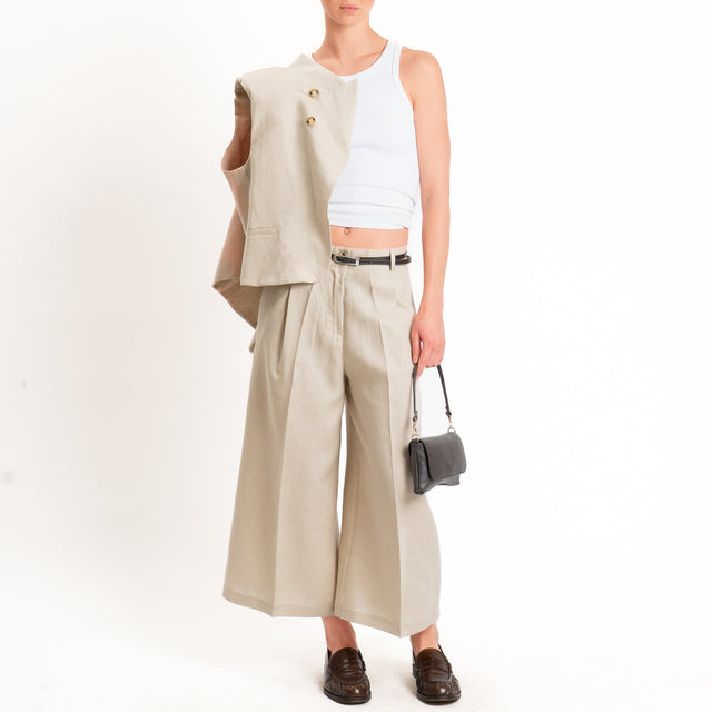 Vicolo-Pantalone cropped 100% lino con pinces - sand