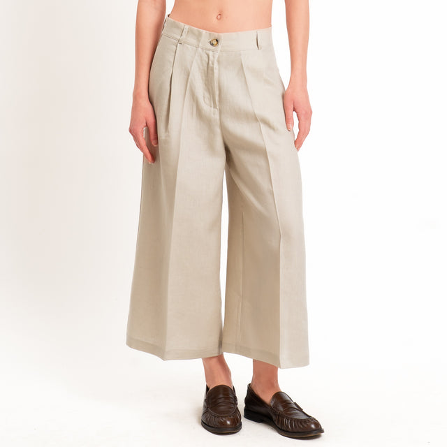 Vicolo-Pantalone cropped 100% lino con pinces - sand