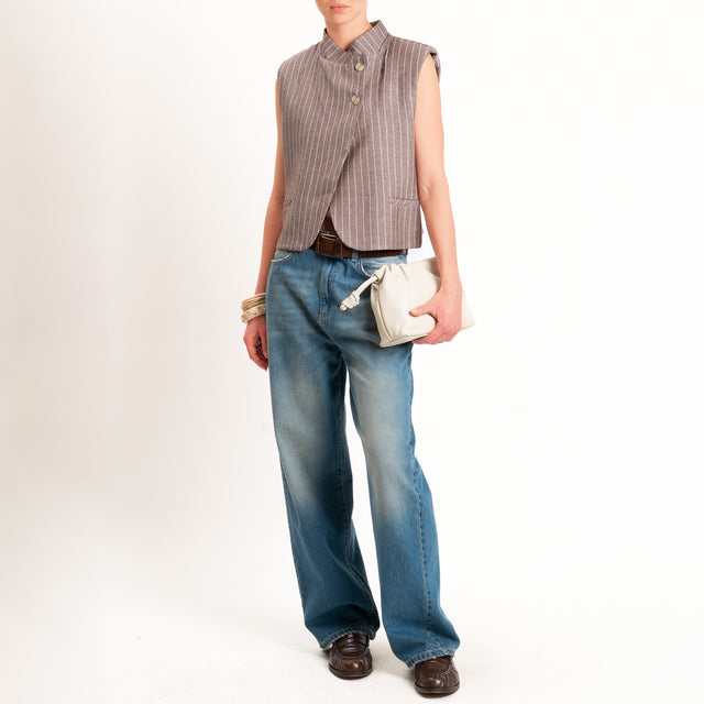 Vicolo-Gilet gessato misto lino chiusura asimmetrica - moro