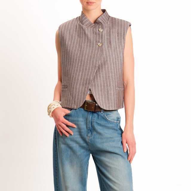 Vicolo-Gilet gessato misto lino chiusura asimmetrica - moro