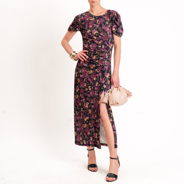 Vicolo-Abito in jersey floreale spacco laterale - nero/magenta/yellow