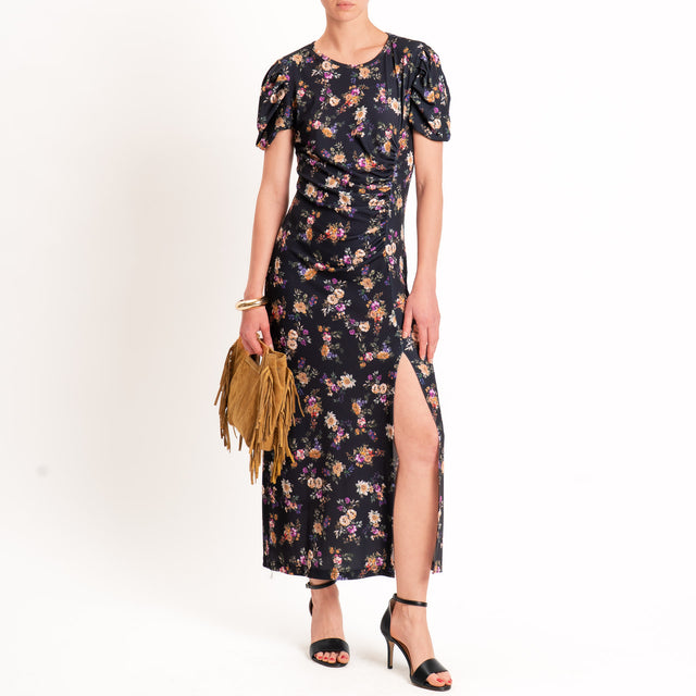 Vicolo-Abito in jersey floreale spacco laterale - beige/nero