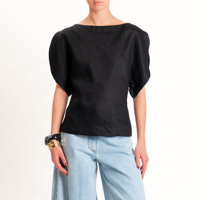 Vicolo-Camicia 100% lino manica farfalla - nero