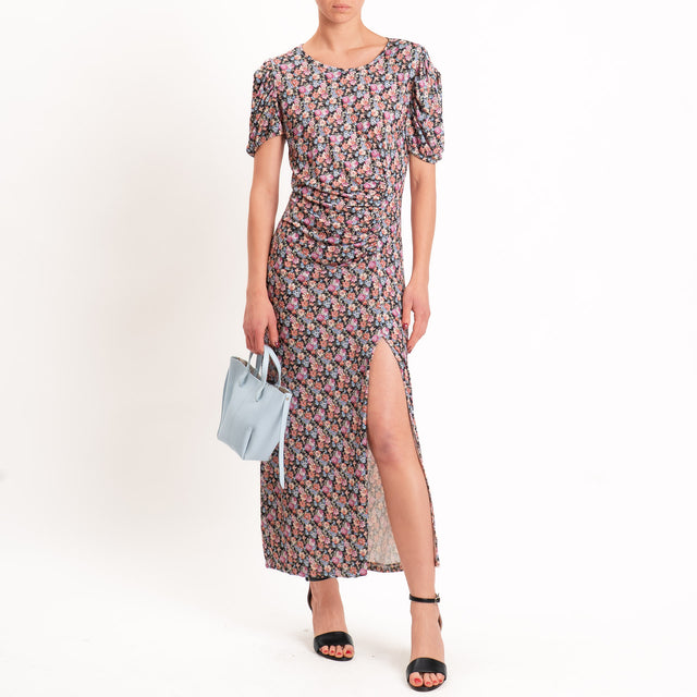 Vicolo-Abito in jersey provenzale spacco laterale - nero/peach/militare