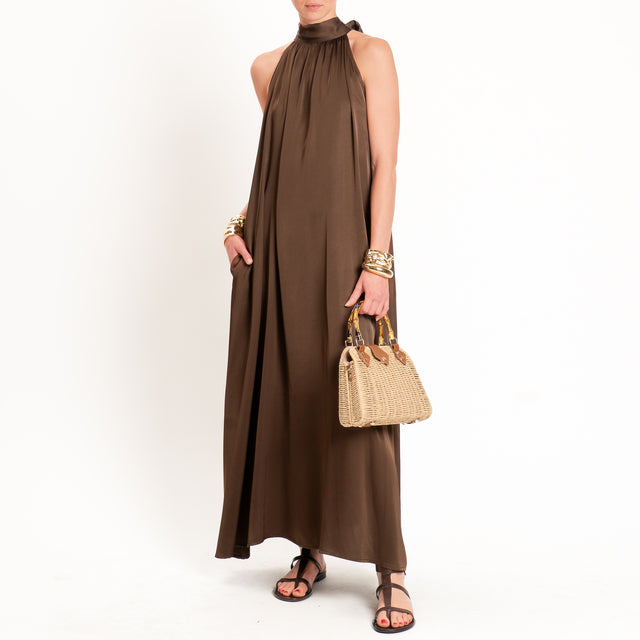 Vicolo-Abito satin scollo halter tasche laterali - choco