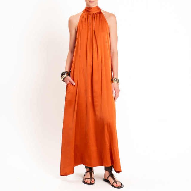 Vicolo-Abito satin scollo halter tasche laterali - papaya