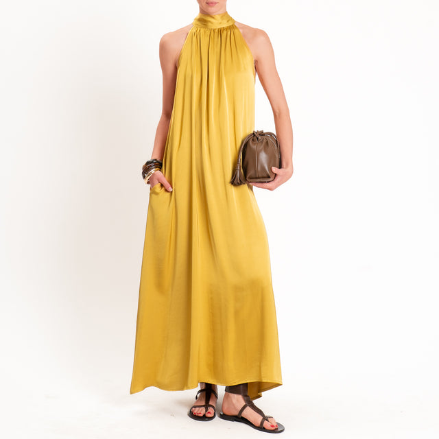 Vicolo-Abito satin scollo halter tasche laterali - Senape