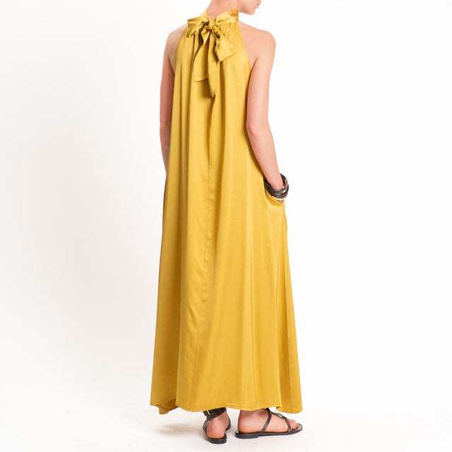 Vicolo-Abito satin scollo halter tasche laterali - Senape