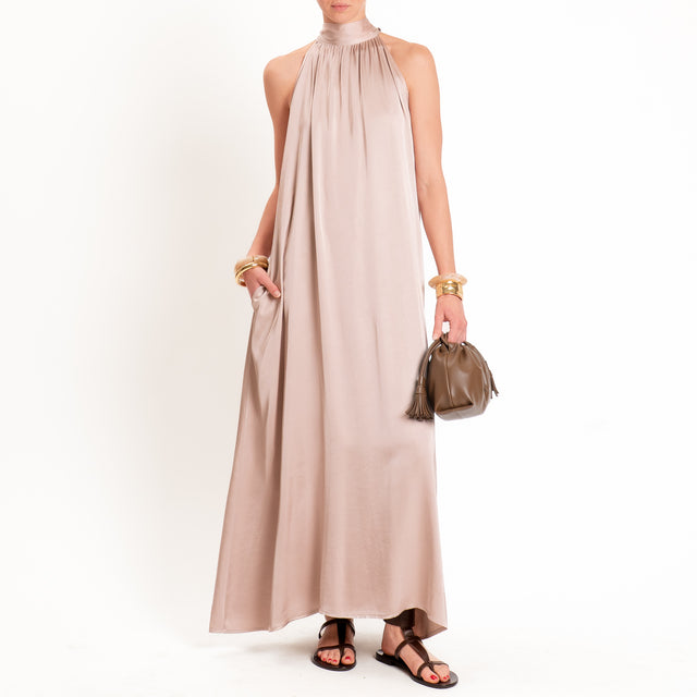 Vicolo-Abito satin scollo halter tasche laterali - taupe