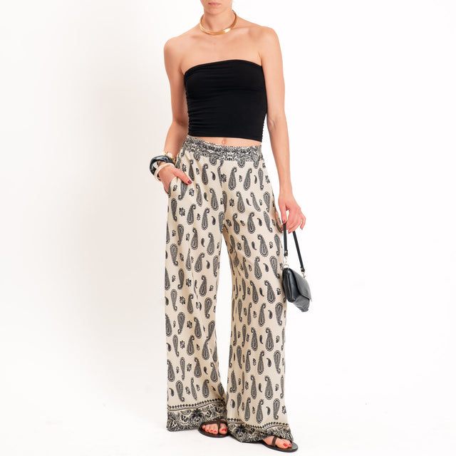 Vicolo-Pantalone fantasia bandana elastico dietro - panna/nero