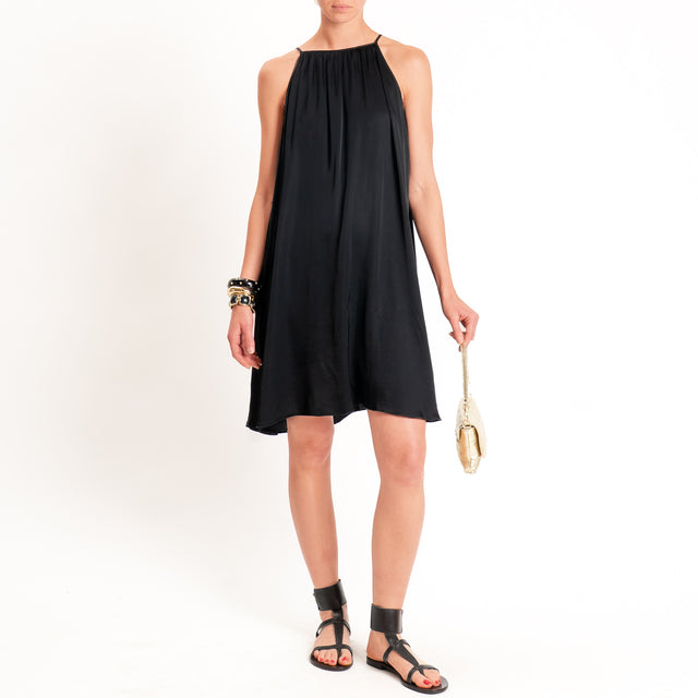 Vicolo-Abito corto in satin arricciatura sul collo - nero