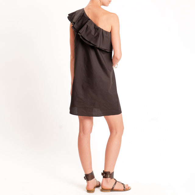 Vicolo-Abito popeline monospalla con rouches - choco