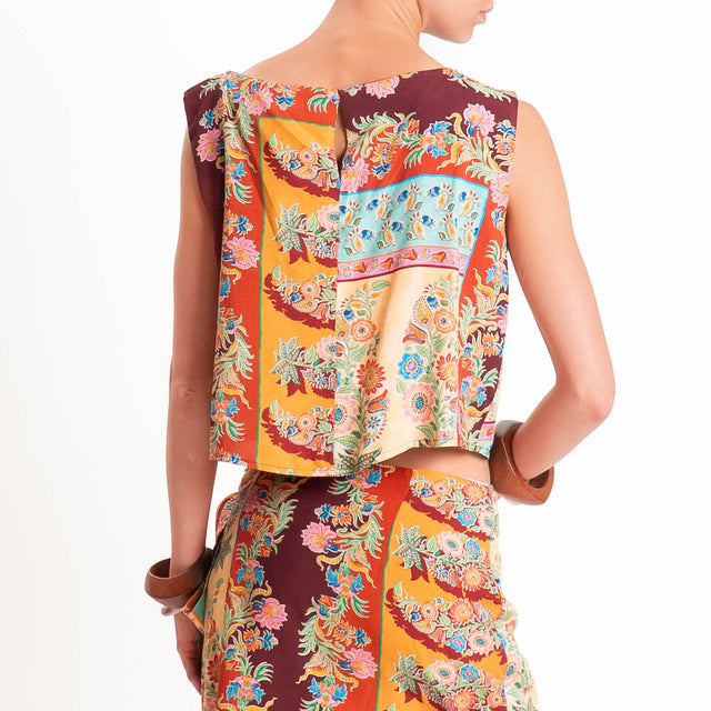 Vicolo-Completo top+gonna pareo fantasia con frange - turchese/vino/beige