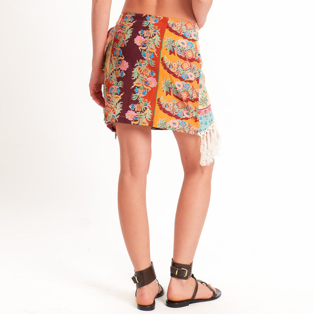 Vicolo-Completo top+gonna pareo fantasia con frange - turchese/vino/beige