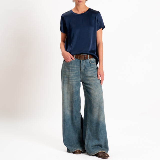 Vicolo-Blusa satin elasticizzata mezza manica - blu