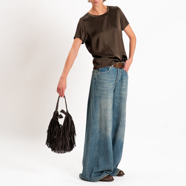Vicolo-Blusa satin elasticizzata mezza manica - moro