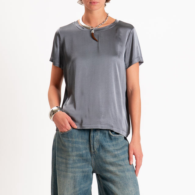 Vicolo-Blusa satin elasticizzata mezza manica - piombo