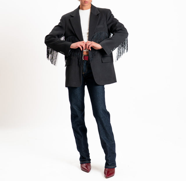 Vicolo-Giacca oversize con frange - nero