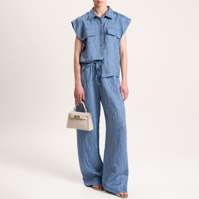 Vicolo-Camicia smanicata misto lino con tasche - jeans