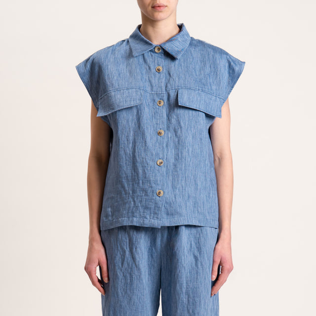 Vicolo-Camicia smanicata misto lino con tasche - jeans