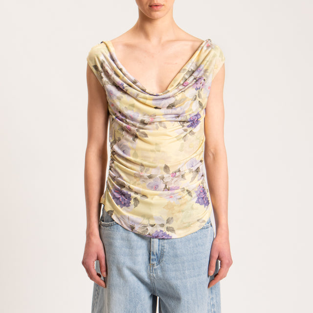 Vicolo-Top in JERSEY elasticizzato fantasia floreale arricciature laterali - mimosa/peonia/verde