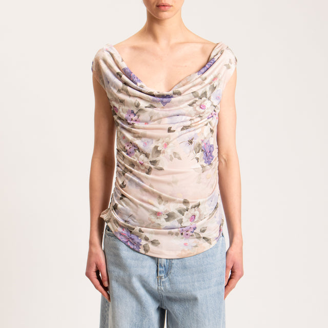 Vicolo-Top in JERSEY elasticizzato fantasia floreale arricciature laterali - cipria/peonia/militare