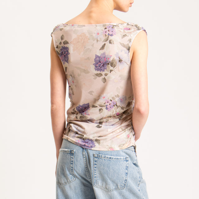 Vicolo-Top in JERSEY elasticizzato fantasia floreale arricciature laterali - cipria/peonia/militare