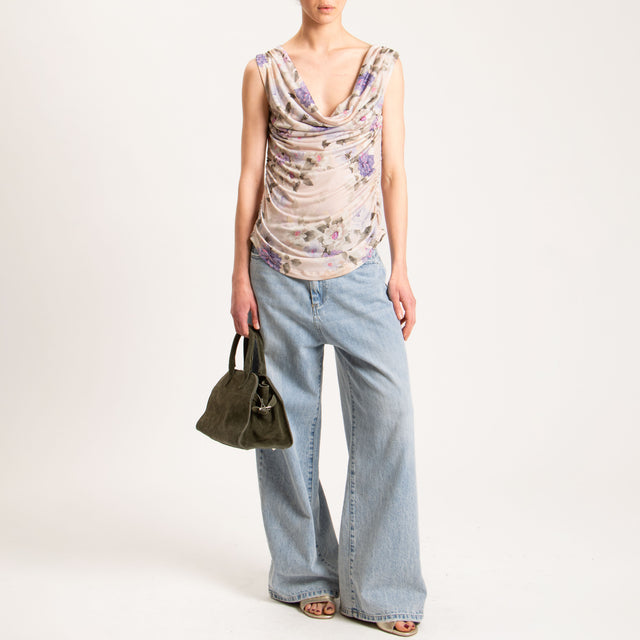 Vicolo-Top in JERSEY elasticizzato fantasia floreale arricciature laterali - cipria/peonia/militare