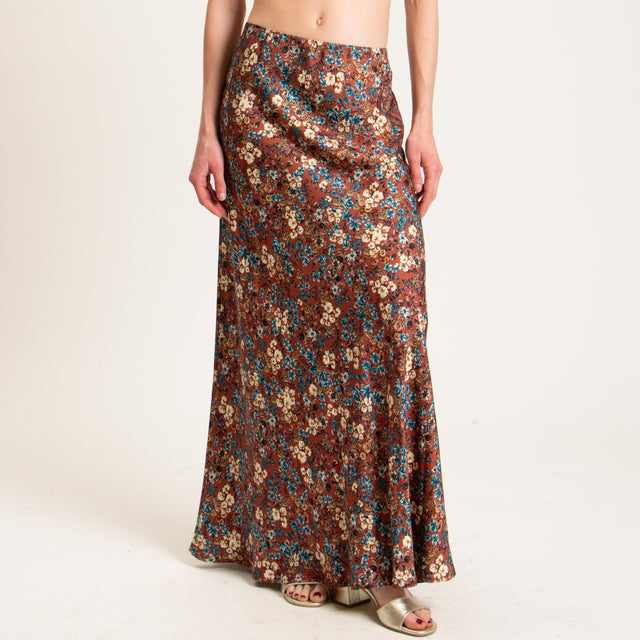 Vicolo-Gonna satin fantasia fiori elastico in vita - coccio/ottanio/sand