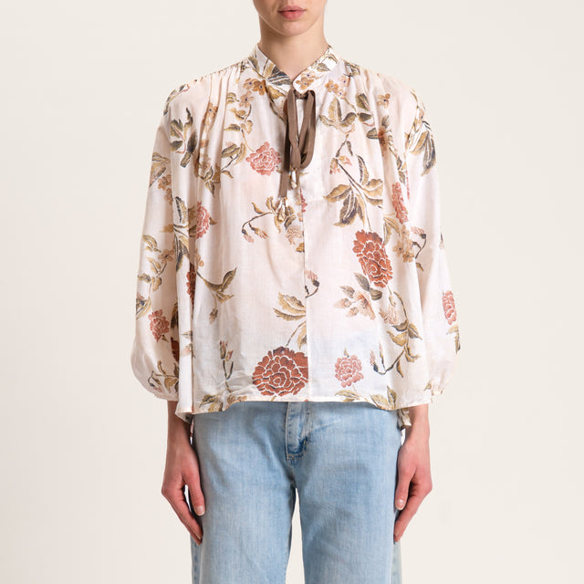 Vicolo-Blusa mussola scollo v fantasia floreale - burro/verde/tabacco