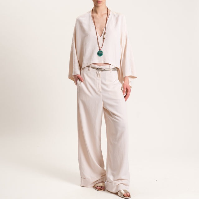 Vicolo-Pantalone misto lino con risvolto - burro