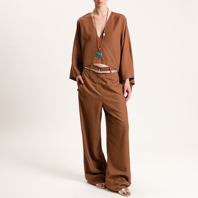Vicolo-Pantalone misto lino con risvolto - tabacco