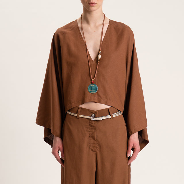 Vicolo-Blusa scollo v misto lino con collana - tabacco