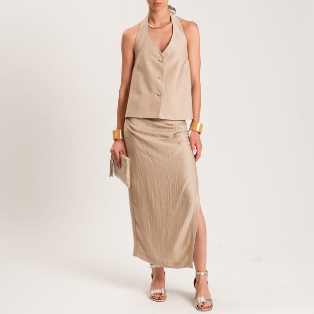 Vicolo-Completo gilet bottoni gioiello e gonna misto lino - beige