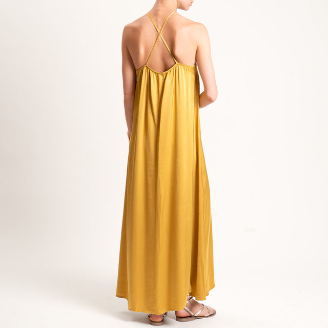 Vicolo-Abito satin incrociato elastico dietro - Senape