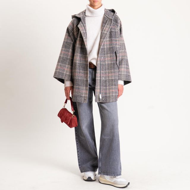 Vicolo-Cappotto check doppio tessuto con cappuccio - tortora/grigio/rosso