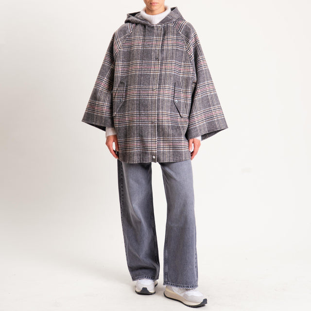 Vicolo-Cappotto check doppio tessuto con cappuccio - tortora/grigio/rosso