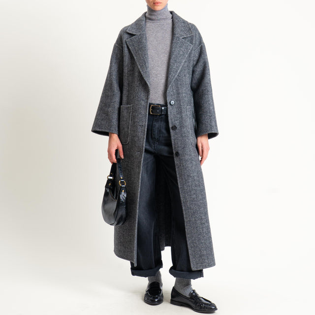 Vicolo-Cappotto spinato hand made misto lana con cintura - latte/nero