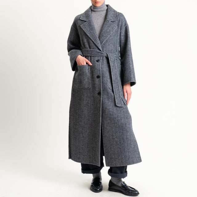 Vicolo-Cappotto spinato hand made misto lana con cintura - latte/nero