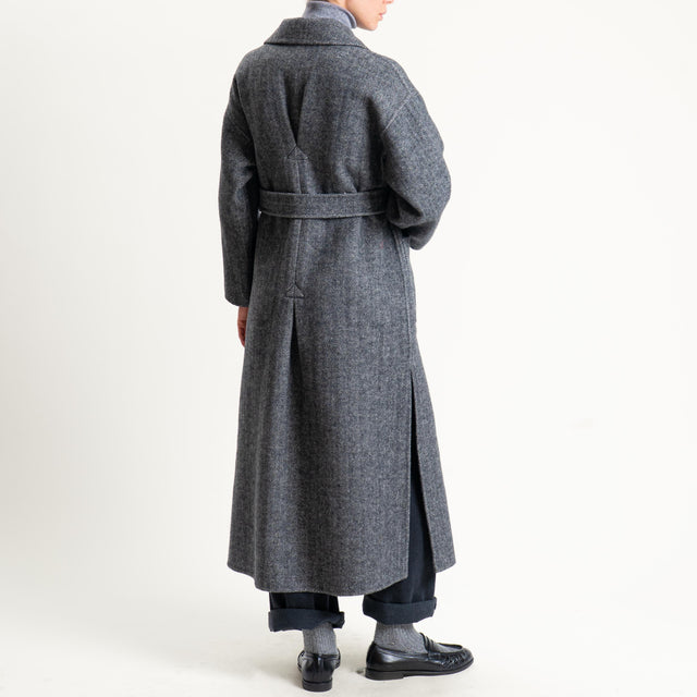 Vicolo-Cappotto spinato hand made misto lana con cintura - latte/nero