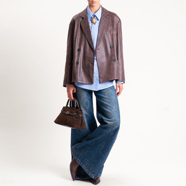 Vicolo-Camicia gessata con spilla - celeste