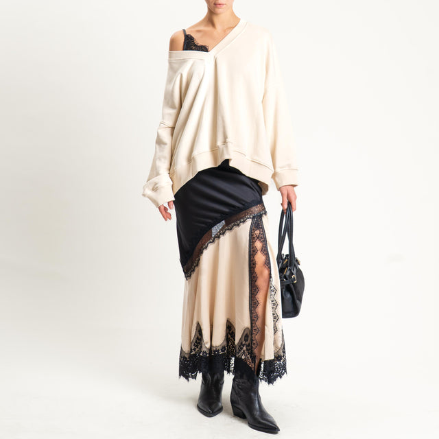 Vicolo- Gonna in satin con pizzo spacco laterale - nero/avorio