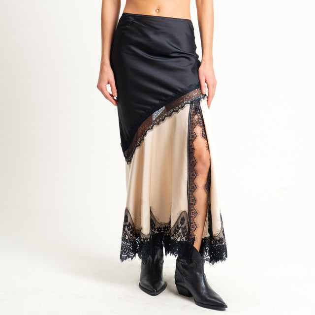 Vicolo- Gonna in satin con pizzo spacco laterale - nero/avorio