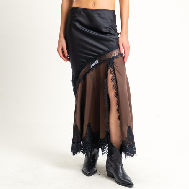 Vicolo- Gonna in satin con pizzo spacco laterale - nero/moro