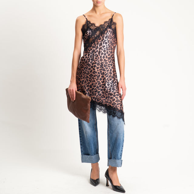 Vicolo- Abito animalier asimmetrico con pizzo - nero/beige