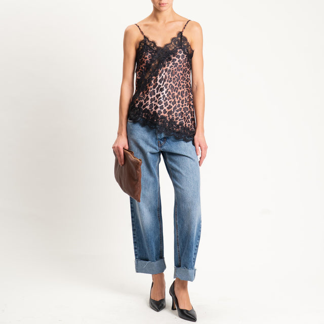 Vicolo- Top animalier simmetrico con pizzo - nero/beige